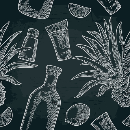 Seamless pattern of bottle, glass tequila, salt, cactus and slice lime on black background. Vintage white vector engraving illustration for label, poster, web, invitation to party.のイラスト素材