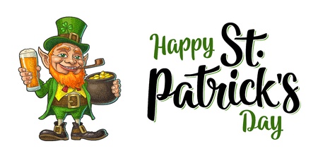 Leprechaun holding beer glass and pot of gold coins. Happy Saint Patrick's Day calligraphy handwriting lettering. Vector color vintage engraving illustration. Isolated on white backgroundのイラスト素材