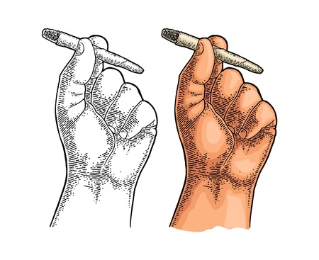 Male hand holding burning cigarettes with marijuana. Engraving vintageのイラスト素材