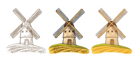 Windmill on wheat field. Vintage vector color engraving illustration for label, badges, poster, web, icon bakery shop. Isolated on white backgroundのイラスト素材