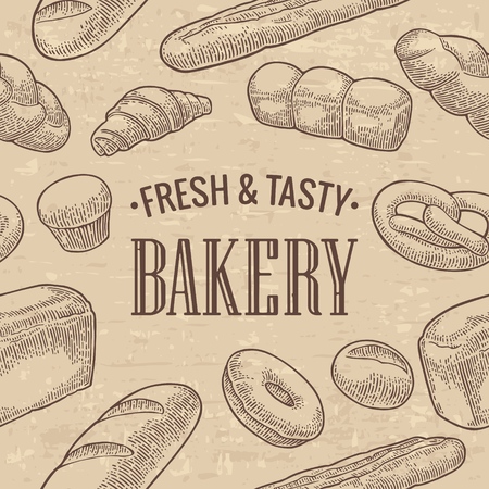 Seamless Pattern with Bread. Vector black hand drawn vintage engraving illustration for poster, label and menu bakery shop. Isolated on the texture old beige paperのイラスト素材