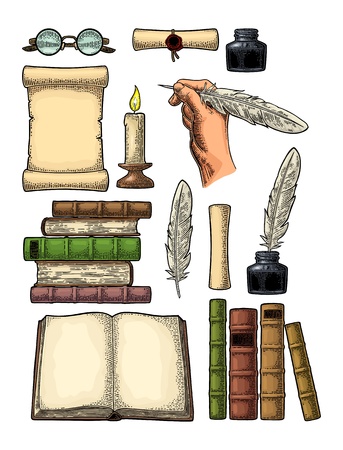 Set education. Inkwell, pile of old books, scroll with seal, hand holding goose feather, glasses, candle. Isolated on white background. Vector color vintage engraving illustrationのイラスト素材