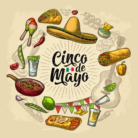 Circle shape set mexican food engraving. Cinco de Mayo lettering.のイラスト素材