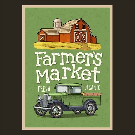 Retro pickup truck and hangar engraving. Handwriting lettering Farmers marketのイラスト素材