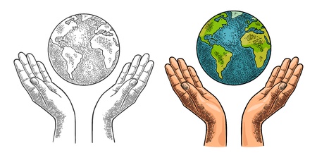 Earth planet in open female human palms. Vector black vintage engravのイラスト素材