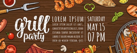 Horizontal poster with bbq. Grill party calligraphic handwriting lettering.のイラスト素材