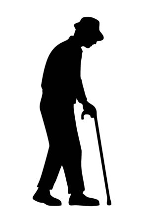 Grandfather holding stick. Vector flat black illustration isolated on whiteのイラスト素材