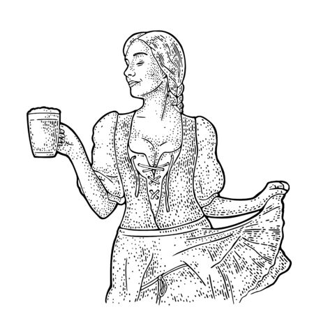 Young sexy Oktoberfest woman holding beer mug. Vintage vector engravingのイラスト素材