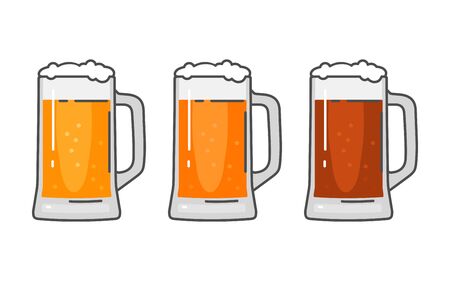 Glass with different types beer - lager, ale. Vintage vector flat illustration. Isolated on white background. For emblem, web, info graphicのイラスト素材