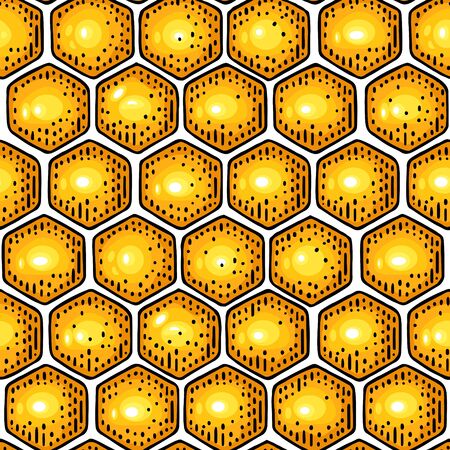 Honey Seamless Pattern with honeycomb. Vector engravingのイラスト素材