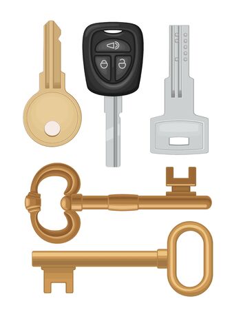 Set keys icons. Classic, vintage, car, modern style. Color vector flat illustration for info graphic, poster, web. Isolated on white background.のイラスト素材