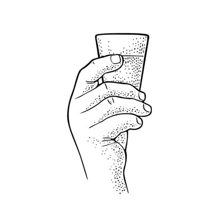 Male hand holding glass rum. Vintage black vector engraving illustration for label, poster, invitation to party. Isolated on white backgroundのイラスト素材