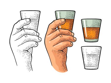 Male hand holding glass rum. Vintage color vector engravingのイラスト素材