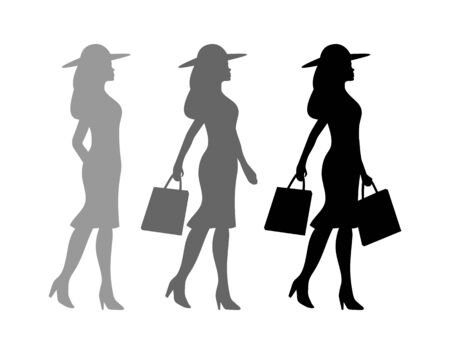Shopping process. Woman holding two handbags. People walking silhouette. Side view. Vector black flat icon isolated on white background.のイラスト素材