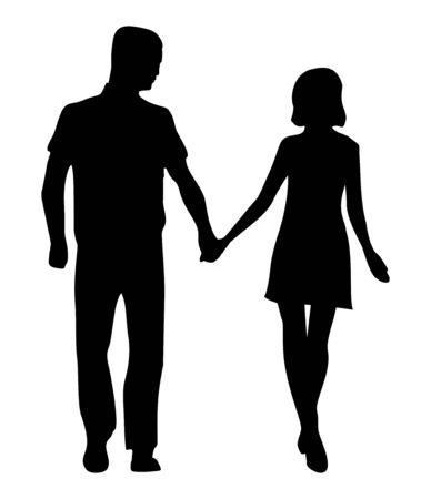 Couple hold hands. Front view people silhouette. Black vector flat icon isolated on white background.のイラスト素材