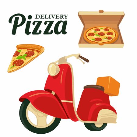 Delivering pizza on a red moped Pizza. Isolated vector illustration on white background. For web, icon, banner, poster, menus, logotype, brochure, presentation.のイラスト素材