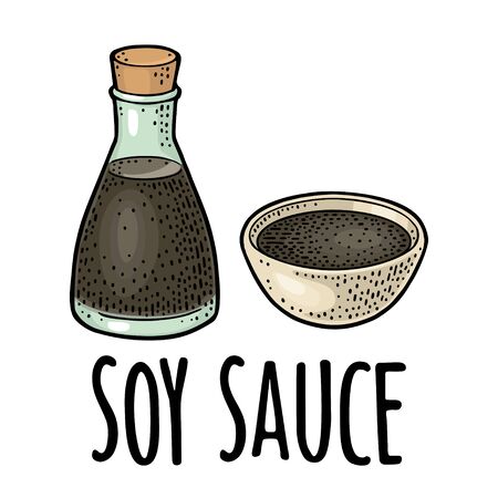 Soy sauce in a bottle and bowl. Vector color vintage engraving illustration and handwriting lettering for menu, poster, label. Isolated on white backgroundのイラスト素材