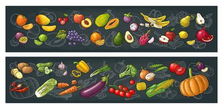 Set fruits and vegetable. Mango, lime, banana, avocado, lemon, peach, citrus, apple, pear, grape, cherry, potato, corn, pepper, potato, tomato, garlic. Vector color vintage isolated engravingのイラスト素材
