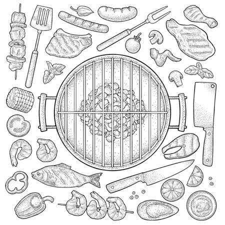 Barbecue grill set with kebab, sausage, chicken leg, steak, fish, oyster, shrimp, lemon. Vintage black vector engraving illustration isolated on white background. Hand drawn design elementのイラスト素材