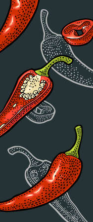 Chilli whole, half and slice. Vector color and monochrome vintage engraving isolated on dark background. Hand drawn design element for vertical template menu, poster, flyer, banner.のイラスト素材