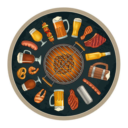 Glass beer and grill bbq food. Vector color vintage engravingのイラスト素材