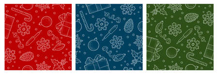Seamless pattern. Pine cone, box, rocket, serpentine ribbons, mistletoe, snowflake, fir branch, toy....