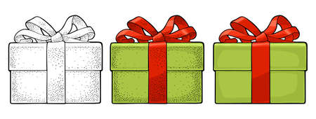 Green gift box with red ribbon and bow. For Merry Christmas and Happy New Year poster or greeting card. Isolated on white background. Vector vintage color engraving and flat illustration.のイラスト素材
