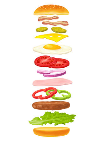 Burger with flying ingredients include bun, tomato, salad, cheese, onion, fried egg, cucumber. Vector color flat illustration isolated on white background. For vertical poster, menu, banner, icon.のイラスト素材