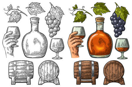 Glass, barrel and bottle of cognac. Vintage color engraving illustration for label, poster, web, invitation to party. Isolated on white backgroundのイラスト素材