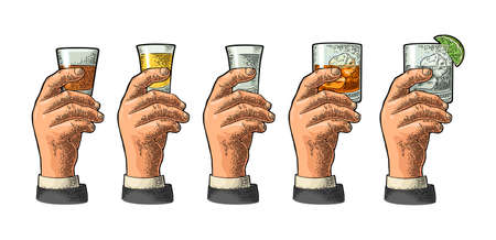 Male hand holding a glass with tequila, vodka, rum, gin, whiskey. Vintage color vector engraving illustration for label, poster, invitation to party and birthday. Isolated on white backgroundのイラスト素材