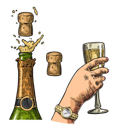 Bottle of Champagne explosion with cork and hand hold glass. Vintage color vector engraving illustration for web, poster, invitation to beer party. Hand drawn design element isolated on white background.のイラスト素材