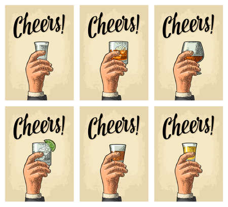 Male hand holding a glass with brandy, tequila, gin, vodka, rum, whiskey. Cheers toast lettering. Vintage vector engraving illustration for poster, invitation to party. Isolated on beige background.のイラスト素材