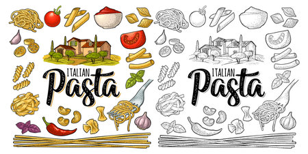 Different types macaroni and ITALIAN PASTA lettering. Vector engravingのイラスト素材