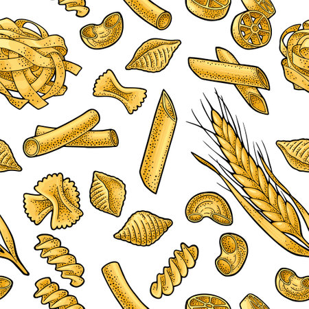 Seamless pattern set with different types of pasta. Farfalle, conchiglie, maccheroni, fusilli, penne, pipe rigate, spaghetti, ruote, fettuccine. Vector vintage engraving illustration isolated on whiteのイラスト素材