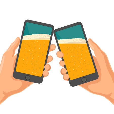 Male hands holding and clinking mobile phone with beer. Color vector flat illustration. Isolated on white backgroundのイラスト素材