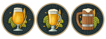 Glass beer with ears of corn and hop branch. Vector engravingのイラスト素材