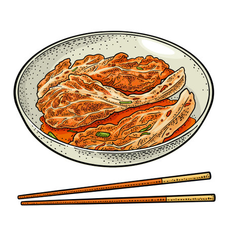 Korean food kimchi on plate with chopsticks. Vintage color vector engraving illustration. Isolated on white background. Hand drawn design element for label, poster, menuのイラスト素材