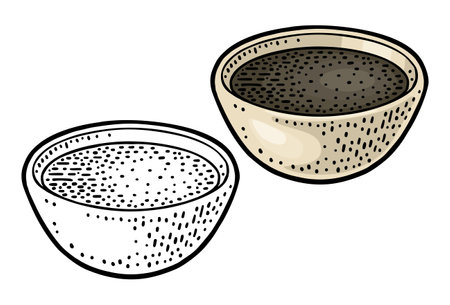 Soy sauce in bowl. Vector color vintage engraving illustration and handwriting lettering for menu, poster, label. Isolated on white backgroundのイラスト素材