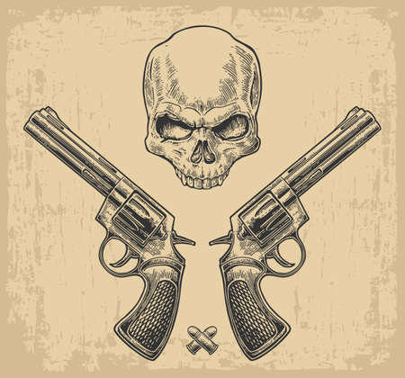 Two revolver with bullets and skull. Vector engraving illustrations. Isolated on beige vintage background. For tattoo, web, shooting club and labelのイラスト素材