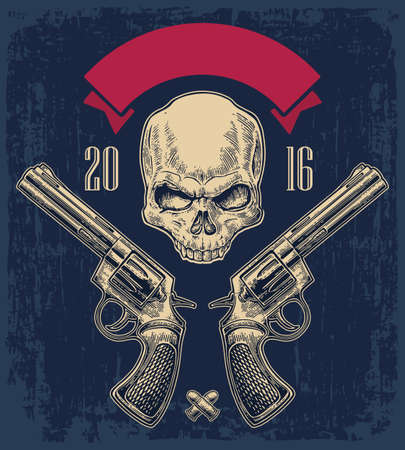 Two revolver with bullets, skull and ribbon. Vector engraving illustrations. Isolated on dark blue vintage background. For tattoo, web, shooting club and labelのイラスト素材