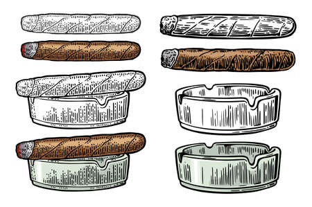 Cigar and ashtray. Vector vintage engraving black and color illustration isolated on white background.のイラスト素材