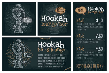 Template horizontal poster with hookah. Vector vintage engraving illustration isolated dark background.のイラスト素材