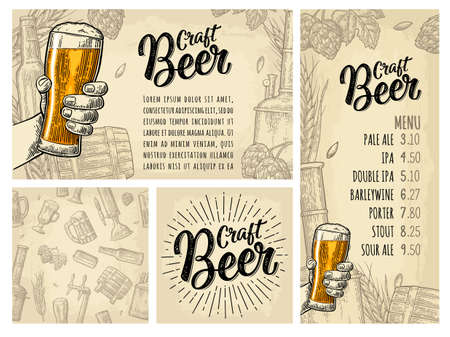Seamless pattern and poster for beer party. Tap, class, barrel, can, bottle and hop. Craft Beer calligraphic lettering with rays. Vintage vector engraving illustration isolated on beige spotted textureのイラスト素材