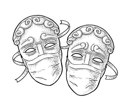 Comedy and tragedy theater disguises with medical masks. Vector engraving vintage black illustrationのイラスト素材