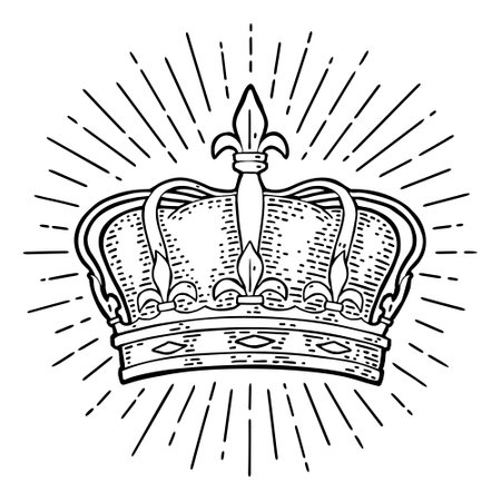 King crown. Engraving vintage vector color illustration. Isolated on white background. Hand drawn design element for label, tattoo and posterのイラスト素材