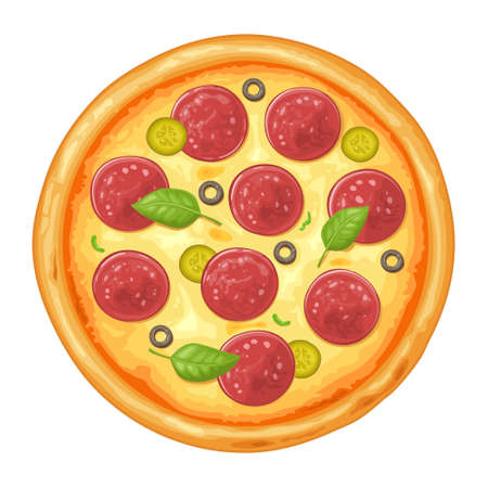Whole pizza pepperoni. Top view. Vector color flat illustrationのイラスト素材