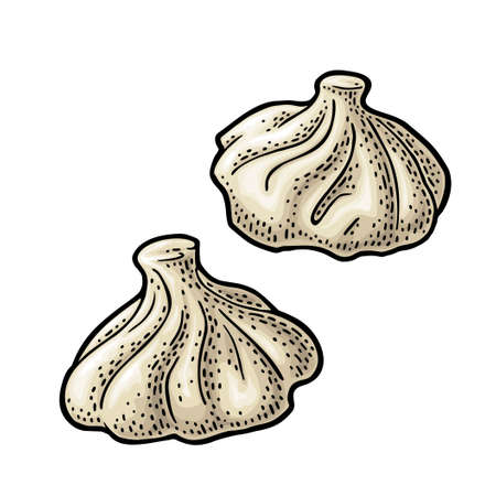 Traditional georgian food khinkali. Vintage color vector engravingのイラスト素材
