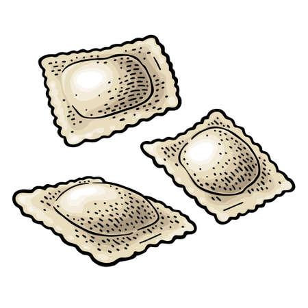 Three ravioli. Vintage black and color vector engraving illustration. Isolated on white background. Hand drawn design ink element for label, poster, menuのイラスト素材