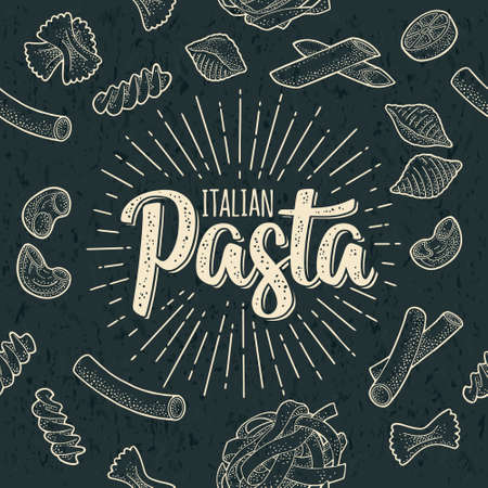 Seamless pattern set with different types of pasta. Vector vintage engravingのイラスト素材