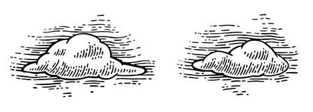 Set form of clouds. Vector black hand drawn vintage engraving illustration for poster, label, web. Isolated on white backgroundのイラスト素材